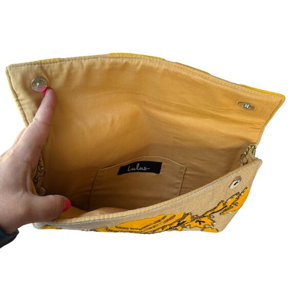 Lulus Meadows Beige and Mustard Yellow Velvet Embroidered Clutch - Picture 3 of 4